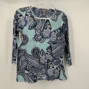 Chicos Womens Artsy Paisley Butterfly Top Size 1 US M Cottage‎ Noir Whimsical